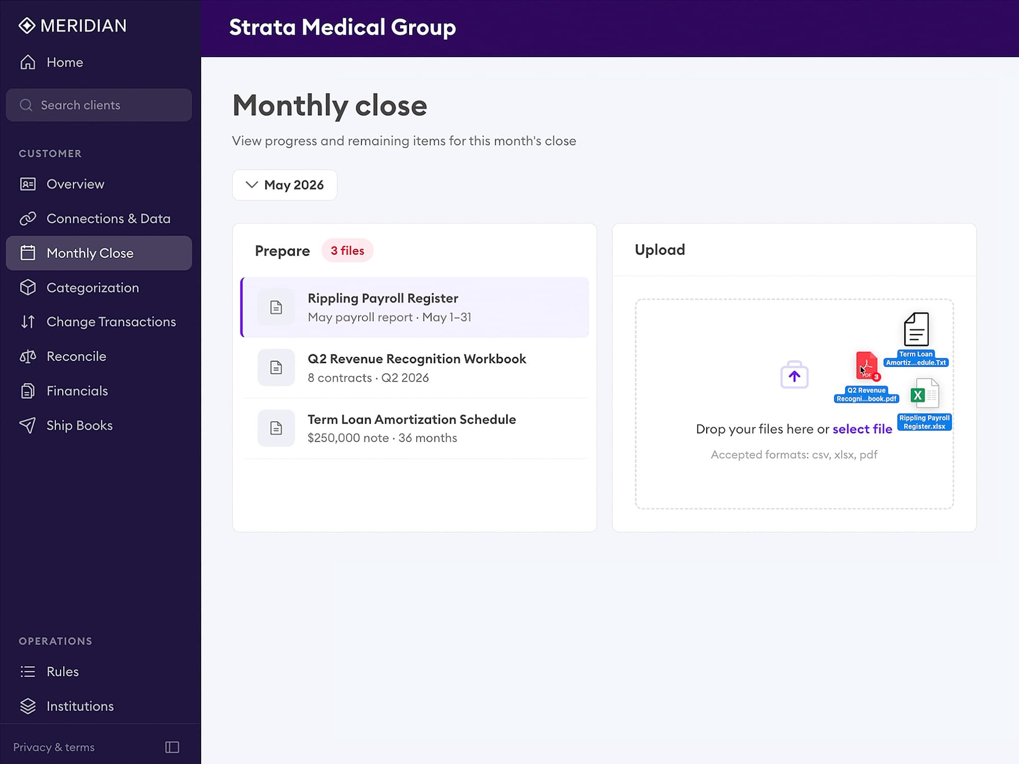 Meridian Monthly Close dashboard showing the Prepare checklist and file Upload area for a client