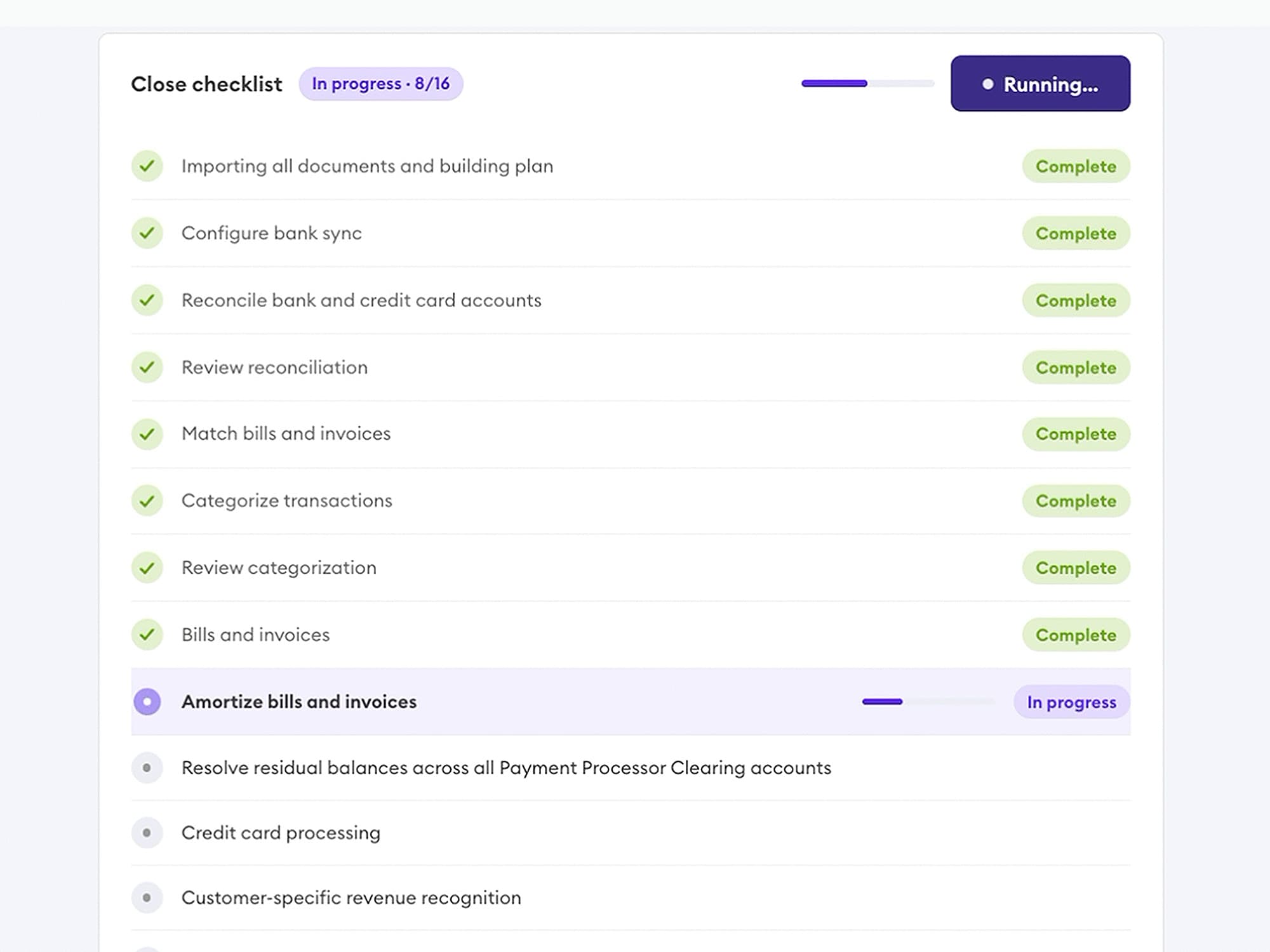 Meridian Close Checklist showing 9 of 16 tasks complete with categorization, reconciliation, and bills processing finished