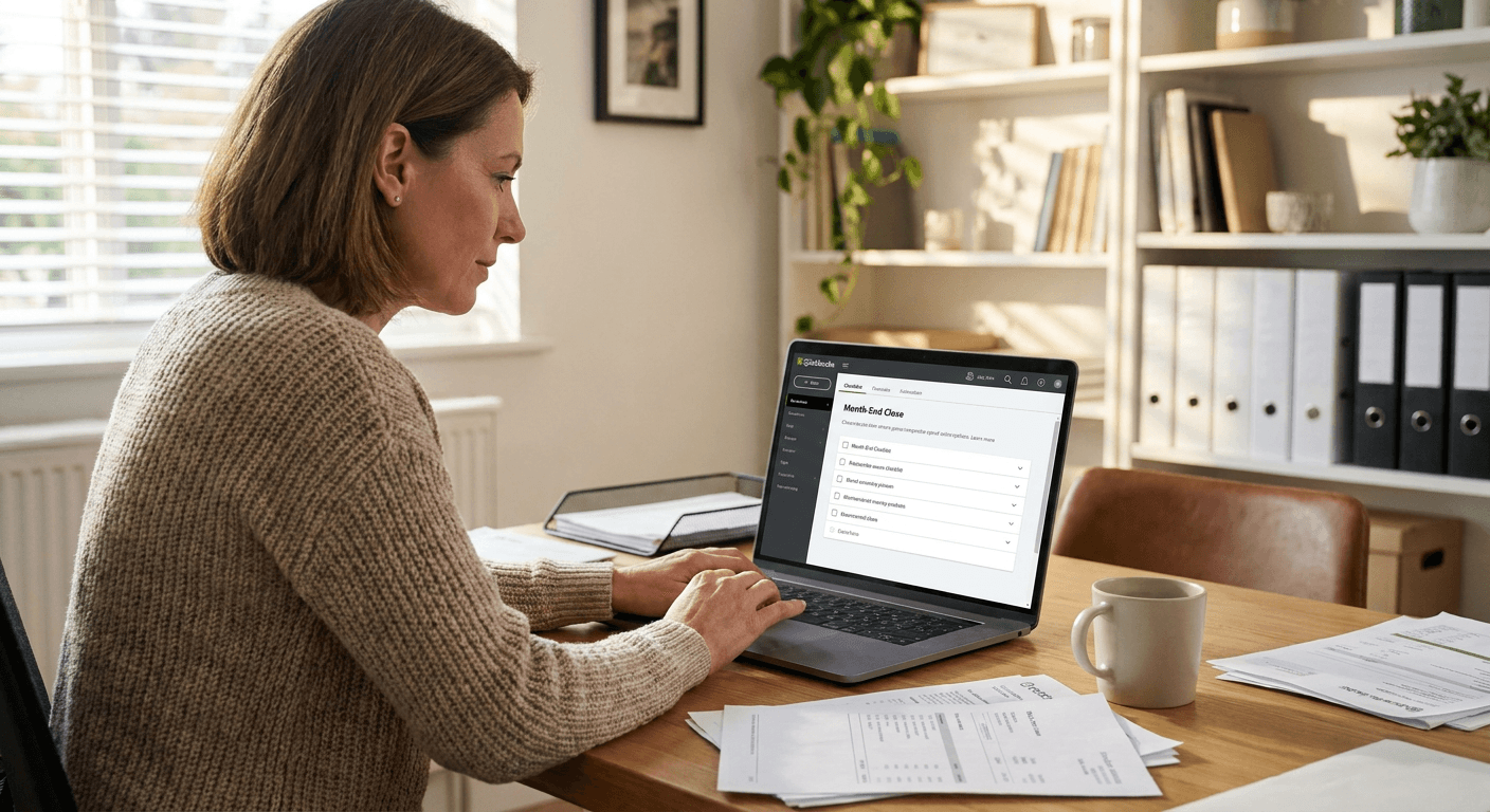 An accountant working through a month-end close checklist on a laptop, representing multi-client close software