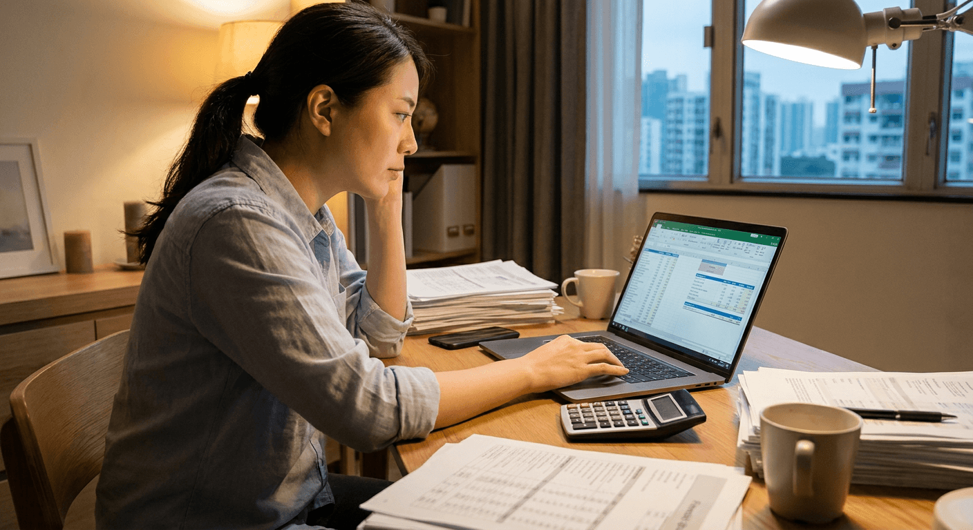An accountant reviewing books on a laptop beside stacks of statements, representing month-end close automation