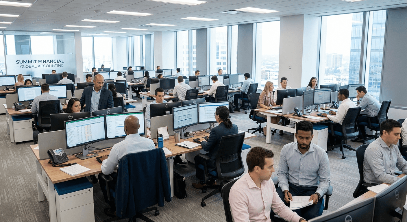 A large accounting firm office floor of accountants at work, representing enterprise close software