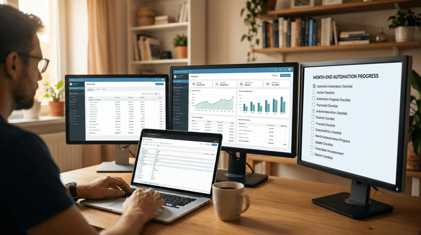 An accountant tracking month-end close progress across dual monitors, representing close management software