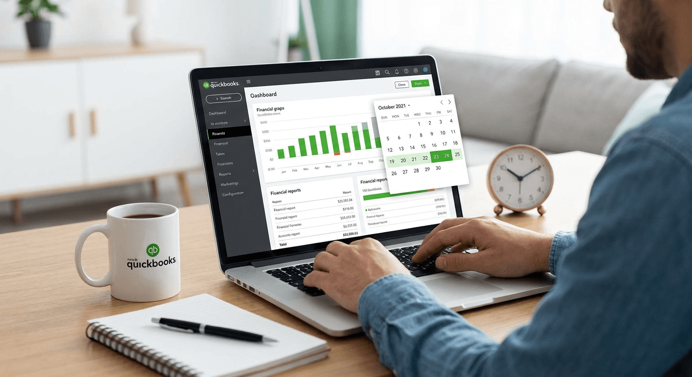 An accountant reviewing a QuickBooks Online dashboard with a month-end calendar, representing firm-side close software