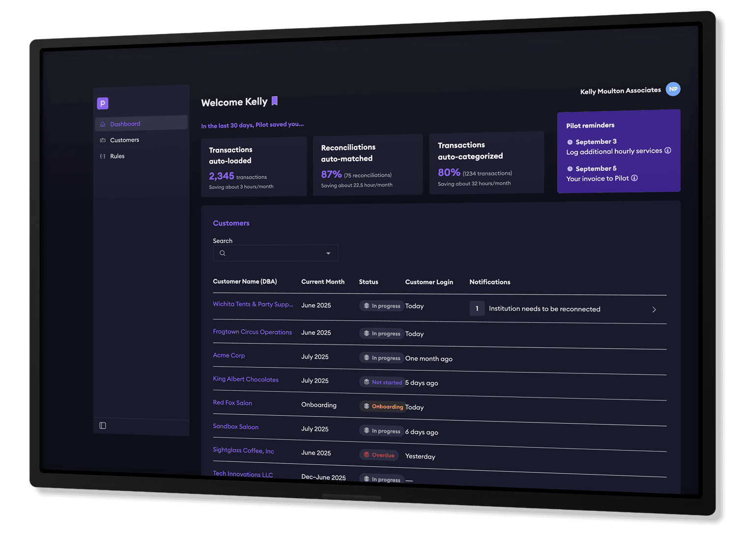 Meridian financial analytics dashboard showing revenue trends, reconciliation status, and key metrics
