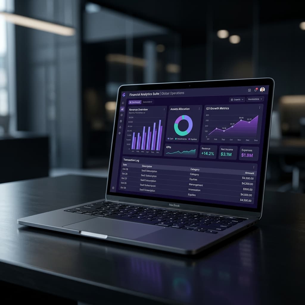 A laptop showing a financial analytics dashboard with margin and revenue charts